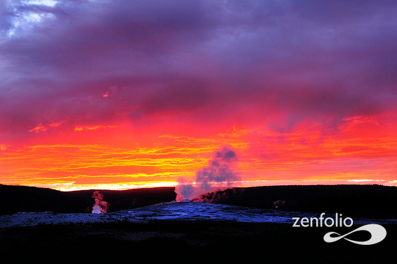 sunset at old faithful lodge.